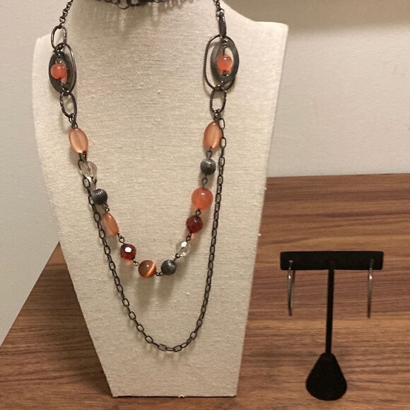 Set of 2 items. Glass Beaded Dual Layered Necklace & Matching Hoop Earrings. - Picture 1 of 5